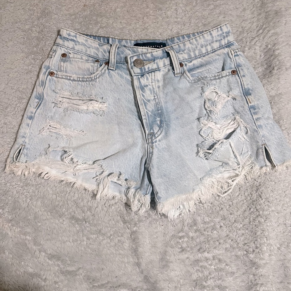 Distressed Light Blue Aeropostale Denim Shorts - Mom Short, Button Fly, 00 W